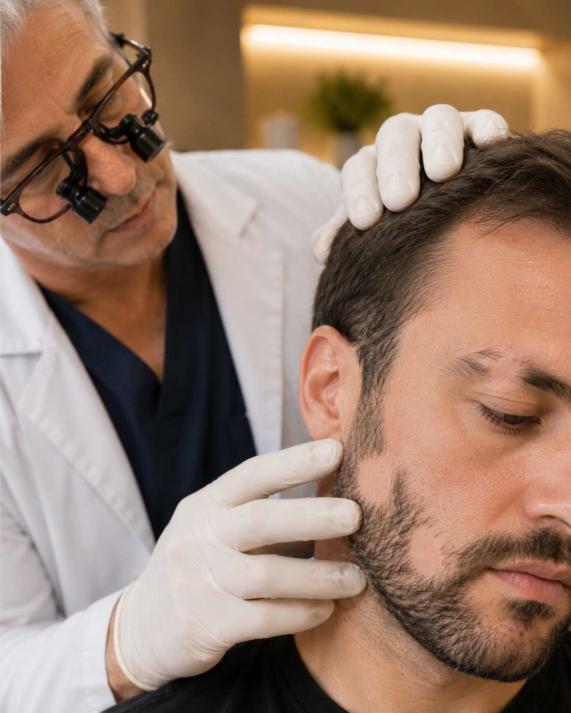 Examination of patchy beard and eyebrow hair loss in a man