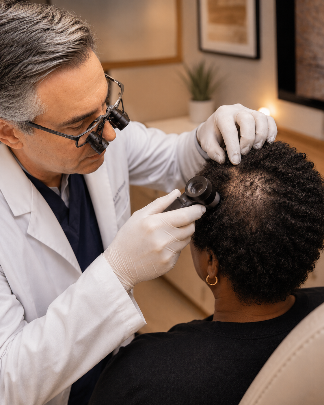 Examination of central crown thinning in a Black woman