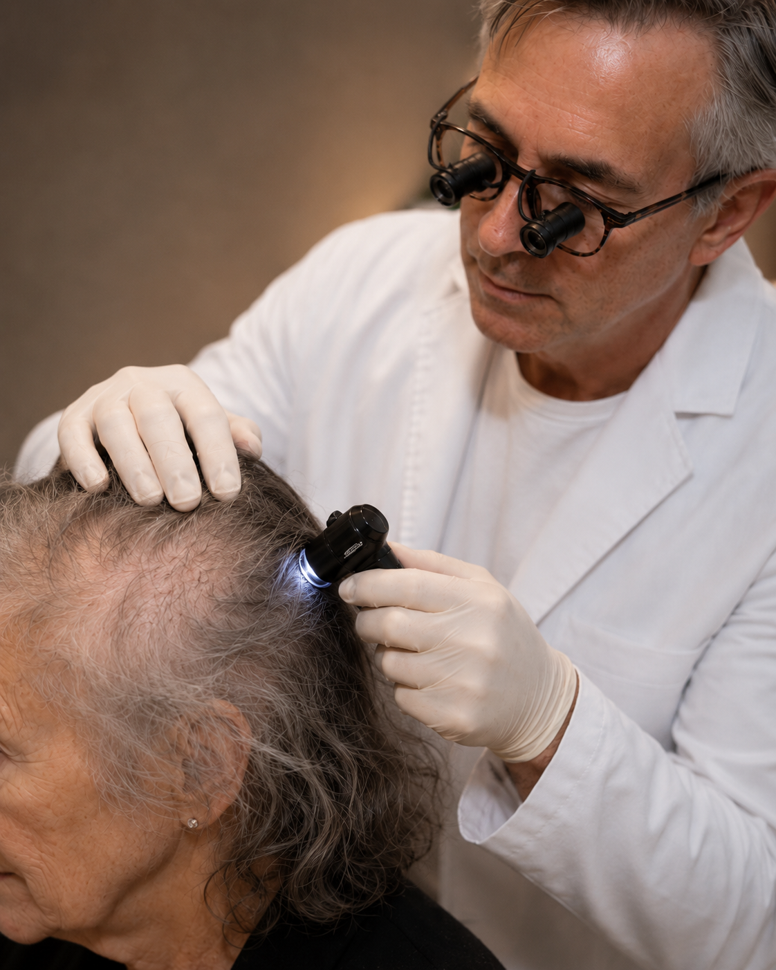 Examination of gradual diffuse thinning in a mature woman
