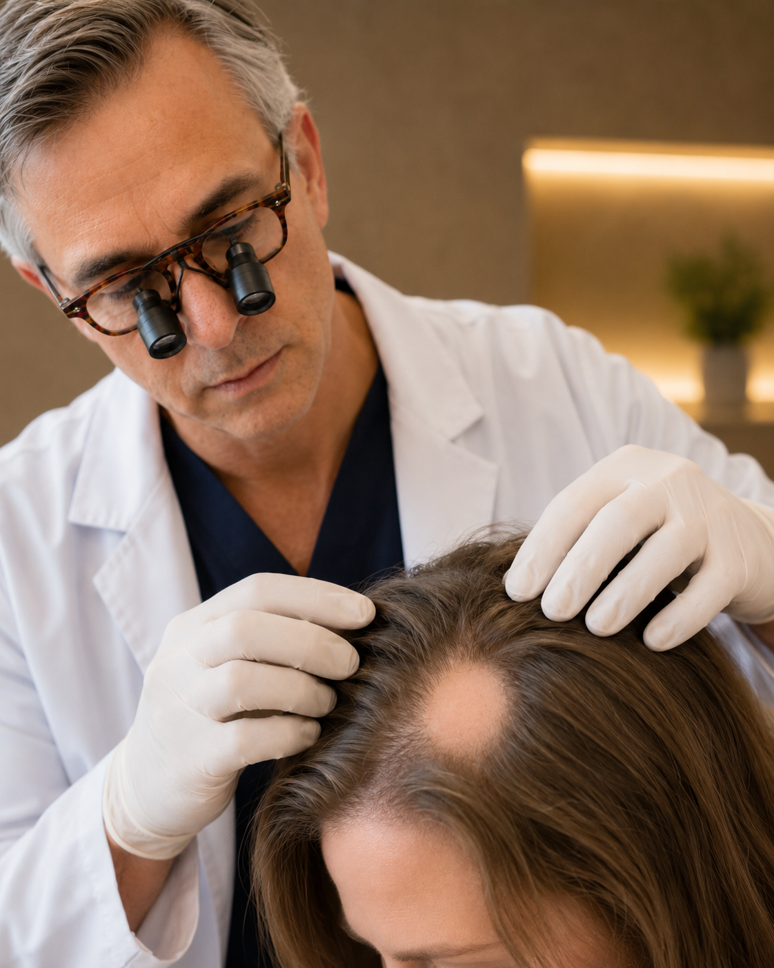 Examination of a localized round patch of scalp hair loss
