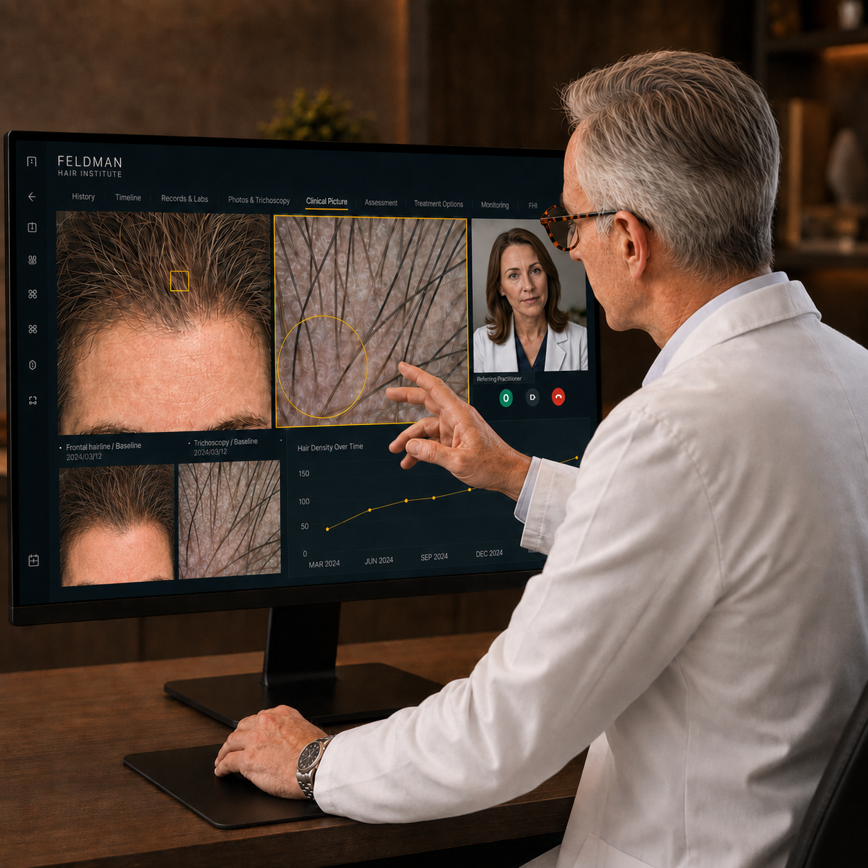 Peter Feldman reviewing de-identified hair and scalp findings with a referring practitioner by video